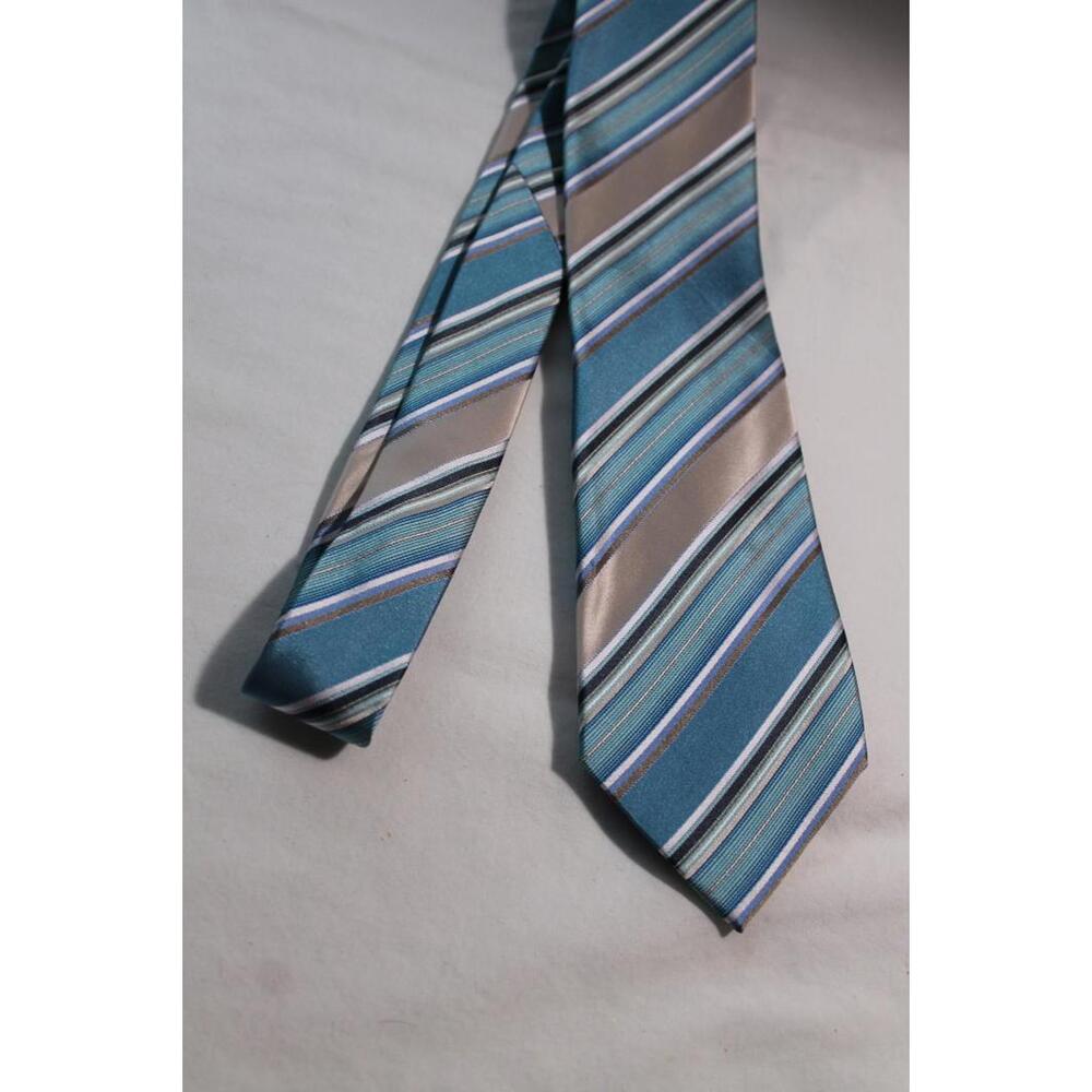 Vintage GEOFFREY BEENE 3.5 X 58 Silk Necktie, Blue/Beige/White Diagonal Stripes